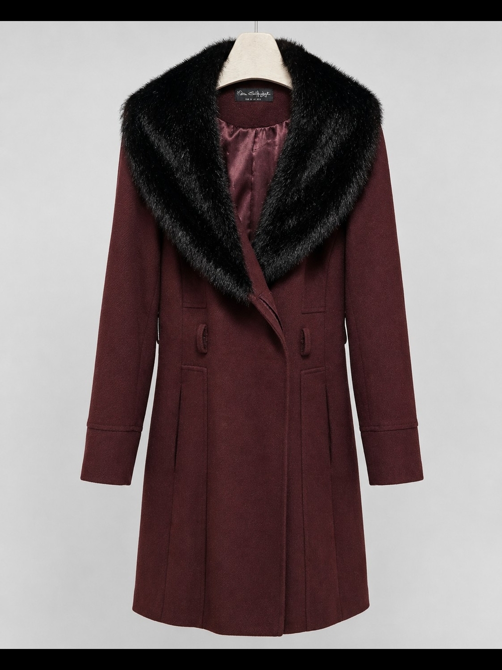 Miss Selfridge Burgundy Pea Coat with Black Faux Fur Collar